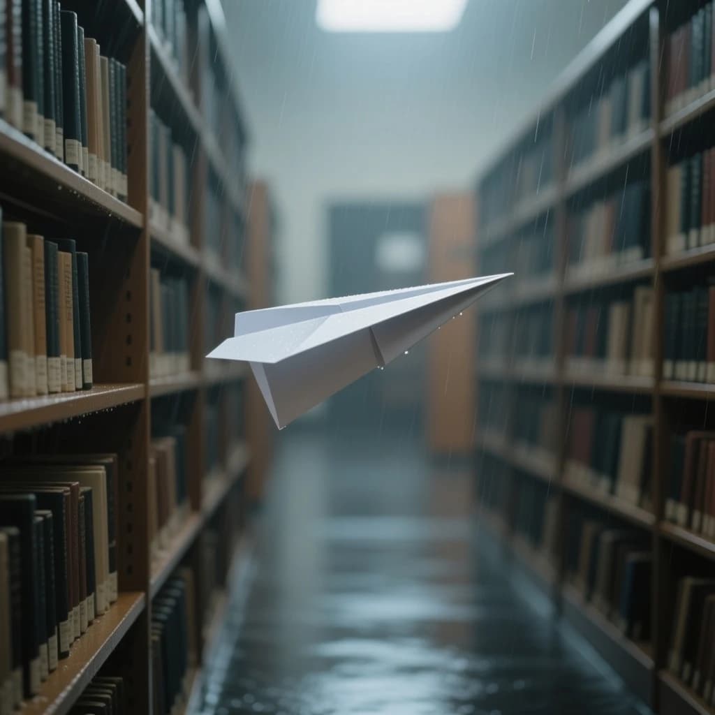 The quiet second when a paper airplane picks up a soft edge highlight, in a quiet library, after a light rain shower.
