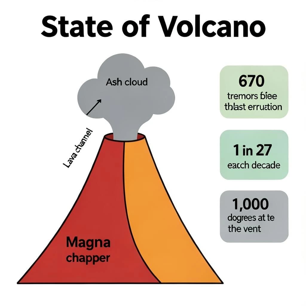 Flat vector illustration titled "State of Volcano": at the center a cutaway cone, carrying three keyed regions, "Lava channel" shaded red, "Ash cloud" shaded gray and "Magma chamber" shaded orange, beside a right column of three stat chips reading "670 tremors before the last eruption", "1 in 27 erupt each decade" and "1,000 degrees at the vent".