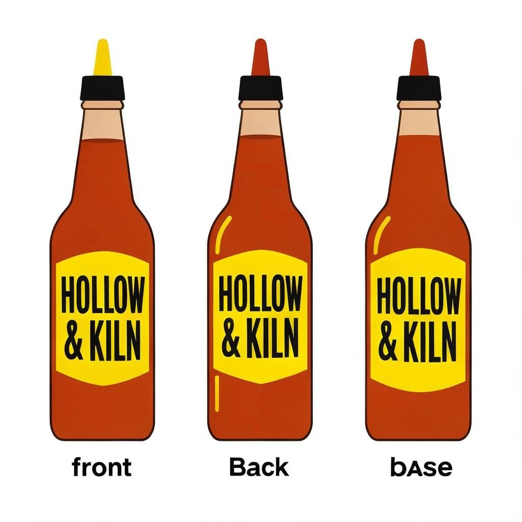 Flat vector illustration of the same hot-sauce bottle drawn in three views, captioned "front", "back" and "base", every view carrying the wordmark "Hollow & Kiln" in the same black-and-yellow coloring, only the angle changing.