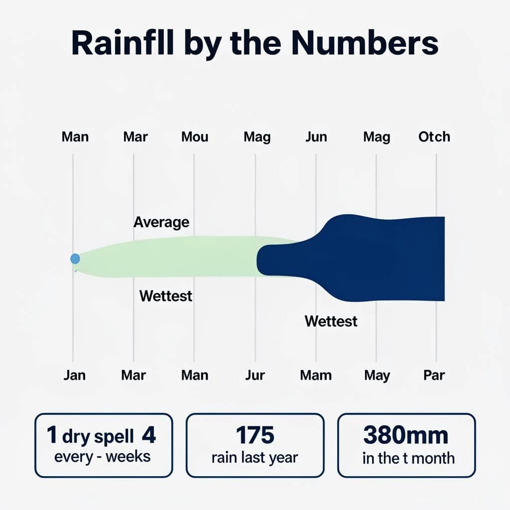Flat infographic titled "Rainfall by the Numbers": at the center a twelve-month rainfall timeline, carrying two keyed regions, "Average" shaded pale green and "Wettest" shaded dark blue, beside a bottom row of three stat chips reading "1 dry spell every 4 weeks", "175 rain days last year" and "380mm in the wettest month".