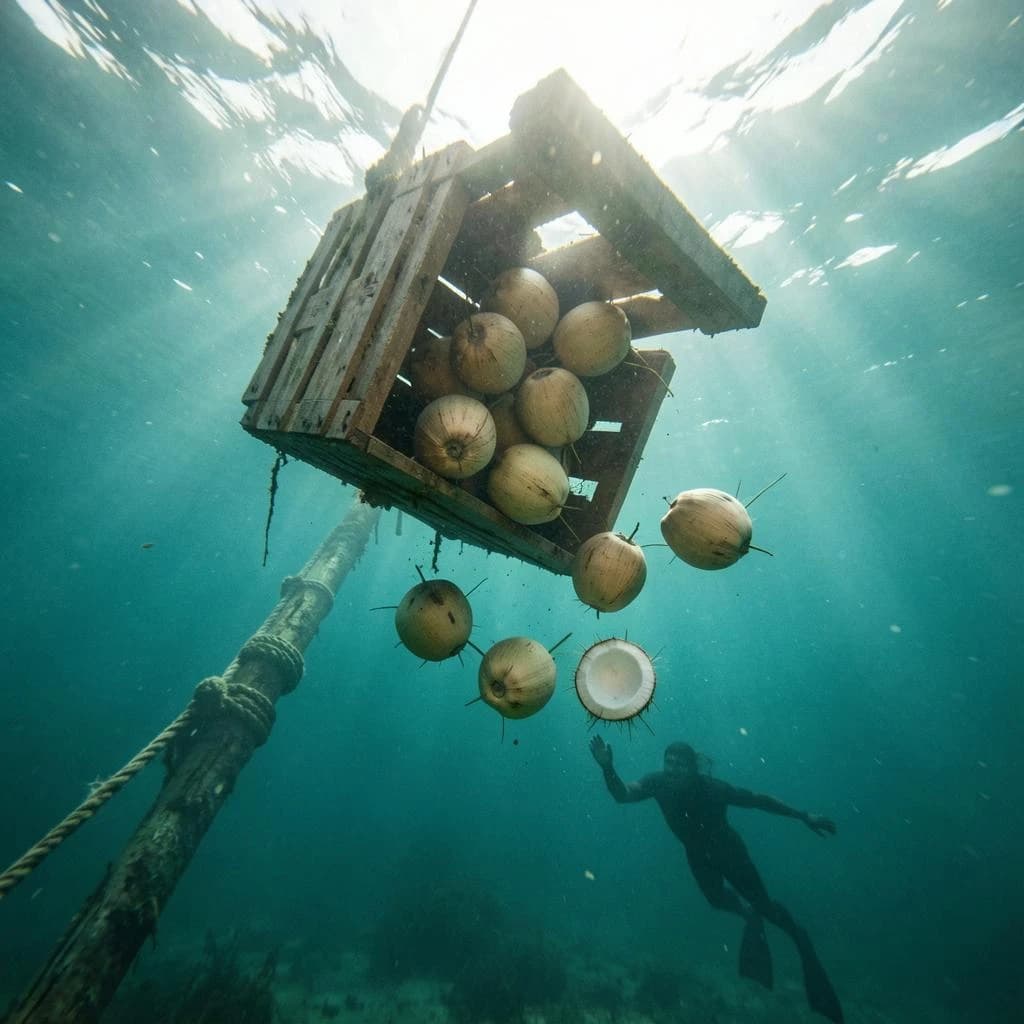 Underwater photography, film still from a castaway feature, shot from six metres down looking up toward the surface. A wooden crate has burst mid-sink: nine coconuts drift out of it, five still husked and pale brown, four split open and white, the split ones sinking faster than the whole ones. The crate hangs above them, lid half torn away, roped to a sunken mast that runs out of frame to the lower left. A swimmer silhouetted against the bright surface reaches down toward the nearest whole coconut, one fin missing. Blue green water column, sunbeams, drifting particles, natural light only.