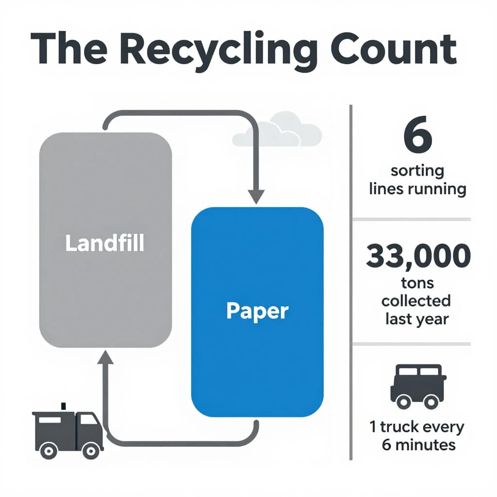 Flat infographic titled "The Recycling Count": at the center a flow chart from curb to sorting floor, carrying two keyed regions, "Landfill" shaded gray and "Paper" shaded blue, beside a right column of three stat chips reading "6 sorting lines running", "33,000 tons collected last year" and "1 truck every 6 minutes".