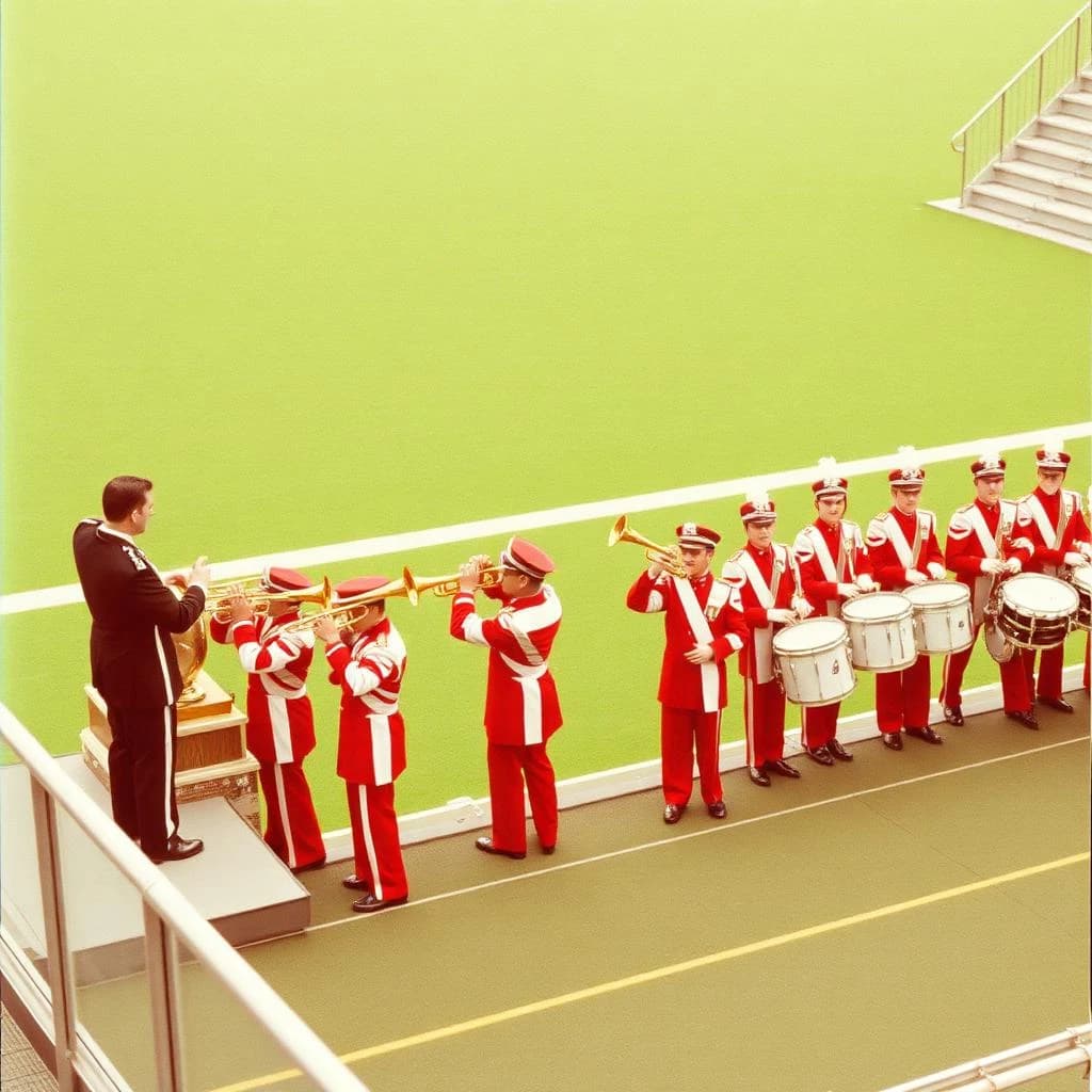 Nineteen seventies Kodachrome-era colour film look, faded warm grain and slight overexposure: a high school marching band seen from a stadium walkway. Front rank of five trumpet players in red and white uniforms, all with horns raised. Behind them three sousaphones in a triangle, the middle player caught mid turn. A line of four drummers to the right, the snare drummer nearest the camera mid stroke. A single drum major stands on a podium at the far left with his back to us, arms up. Empty green field behind them.