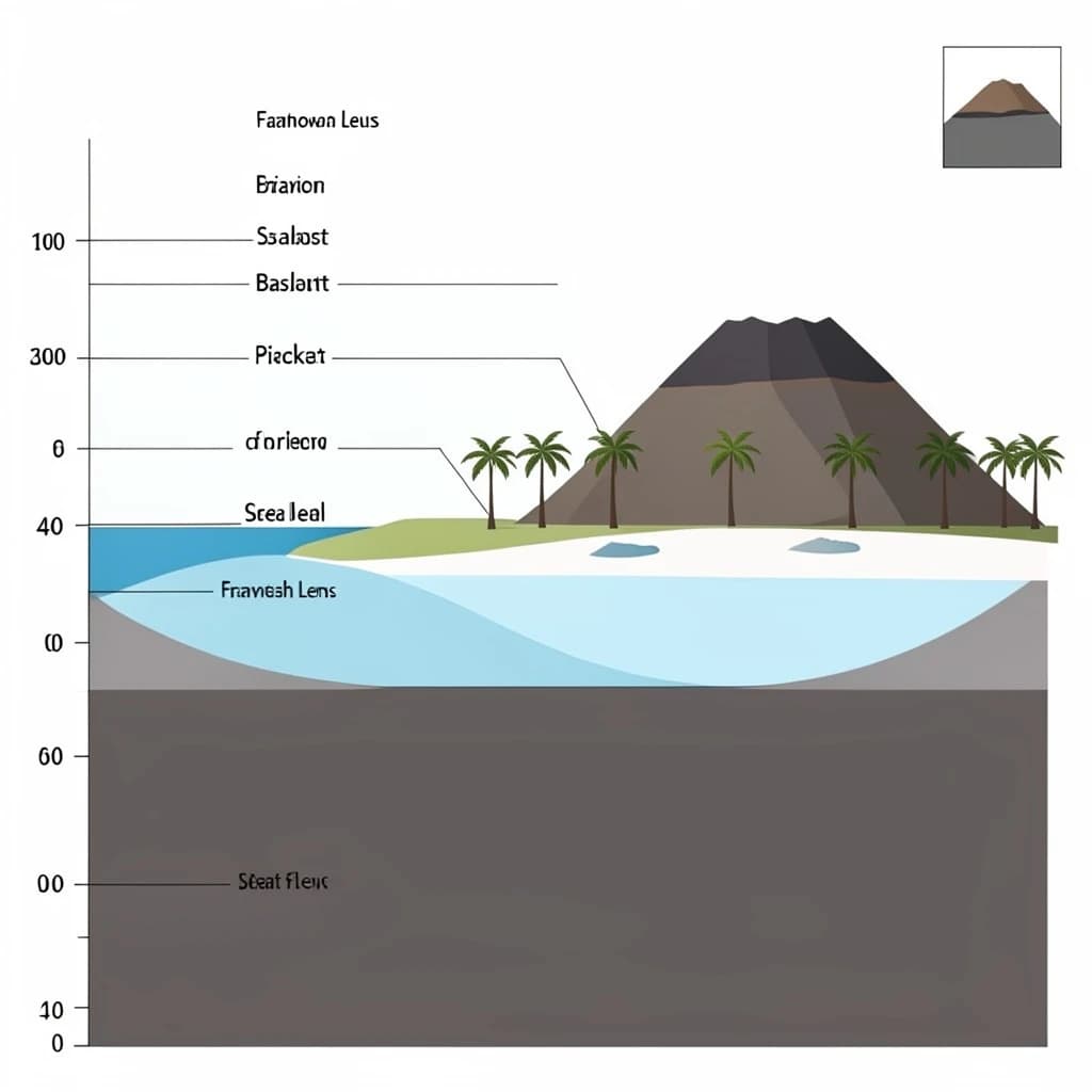 Cross section of a volcanic tropical island as a flat academic figure with clean colour blocks and a horizontal sea level line. Reading from the ocean on the left toward the right: a fringing reef crest, a shallow lagoon holding three coral heads, a white sand beach, a coconut palm belt of five trees, then a rising basalt cone with two lava layers picked out in darker grey, and a freshwater lens drawn as a pale blue dome under the middle of the island. Below sea level the flanks drop in three stepped terraces to a flat deep floor. Eight leader line labels, a depth scale down the left edge, and a small locator inset in the top right.