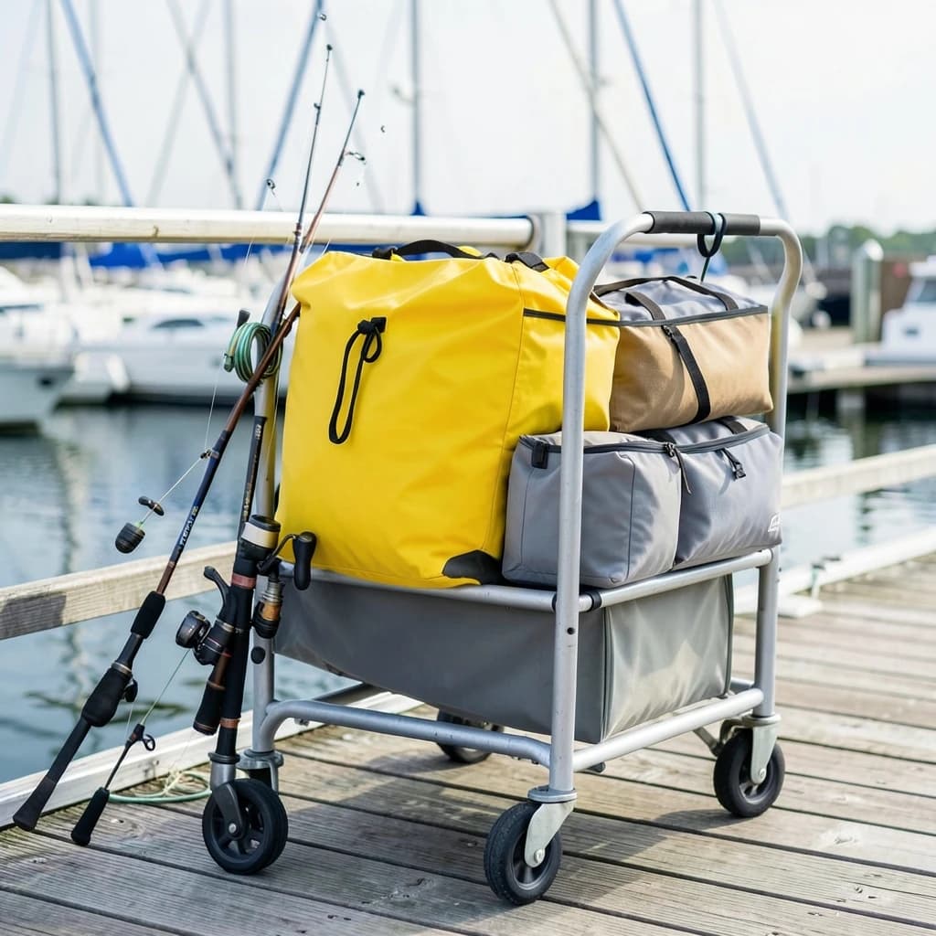 Lifestyle listing photo on a marina dock: a folding dock cart holding three dry bags, the largest yellow and the two smaller ones grey, two fishing rods leaning against the handle, and one coiled dock line hanging from the front rail. Masts blurred behind.