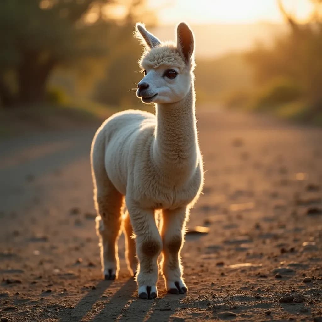 quiet alpaca on cracked earth, backlit