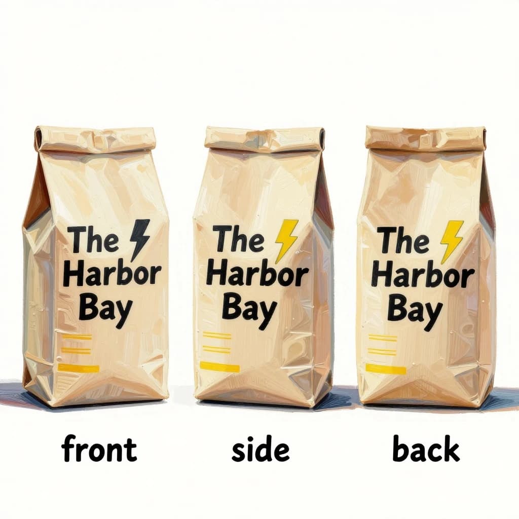 Gouache painting of the same coffee bag drawn in three views, captioned "front", "side" and "back", every view carrying the wordmark "The Harbor Bay" with a lightning-bolt symbol beside it in the same black-and-yellow coloring, only the angle changing.