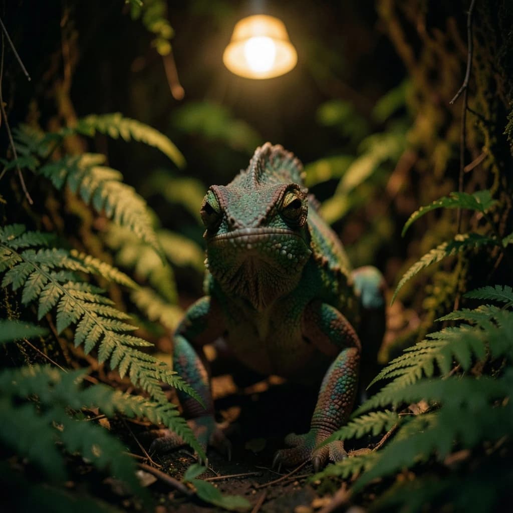 A chameleon half in shadow in a fern-filled ravine, under warm lamplight, symmetrical head-on framing, soft-focus portrait photography style.
