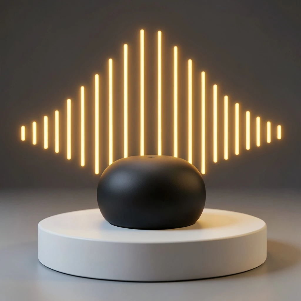 Cinematic 3D render of a matte black speaker puck on a white plinth, with a sound waveform behind it built from fourteen glowing amber bars in a gentle curve, the three tallest centred directly behind the puck and the bars shortening evenly toward both ends.