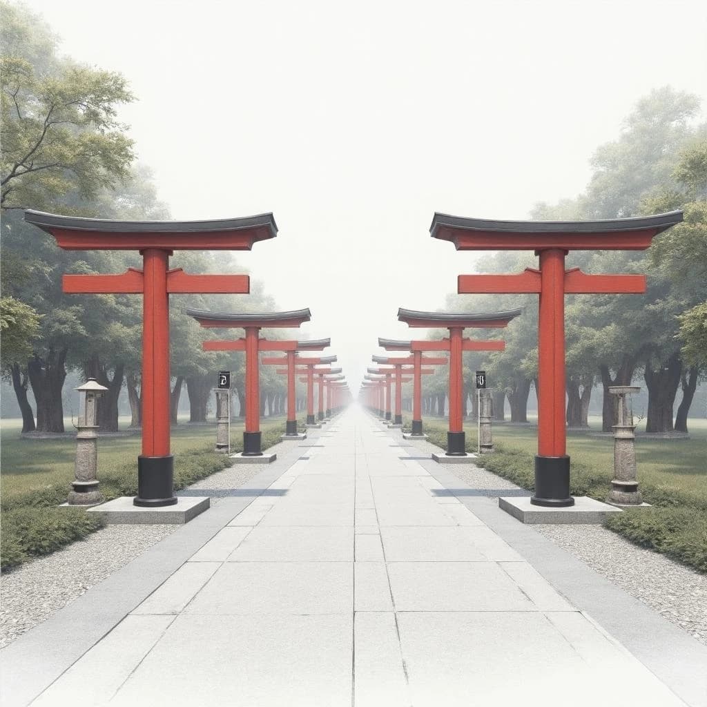Architectural visualization of a shrine approach, soft daylight, matte grey and white presentation render. A straight gravel path runs from foreground to background under six torii gates set in a line, each gate shorter than the one before it. The four nearest gates are vermilion with black crossbeams; the two farthest are bare weathered timber. A pair of stone lanterns flanks the third gate only. Thin dimension lines mark each gate's clear width in metres, and a title block in the lower left corner reads "Approach Study, Gates 1 to 6".
