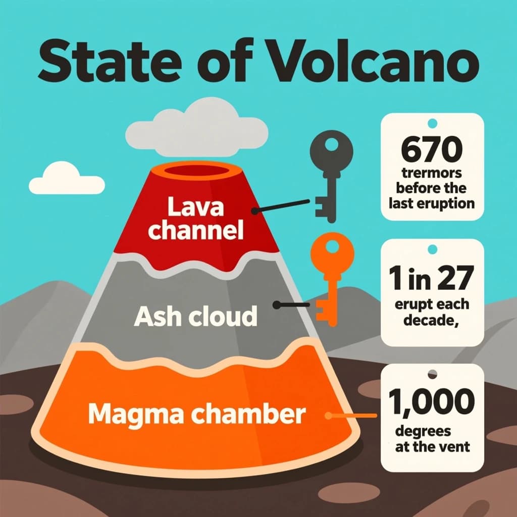 Flat vector illustration titled "State of Volcano": at the center a cutaway cone, carrying three keyed regions, "Lava channel" shaded red, "Ash cloud" shaded gray and "Magma chamber" shaded orange, beside a right column of three stat chips reading "670 tremors before the last eruption", "1 in 27 erupt each decade" and "1,000 degrees at the vent".