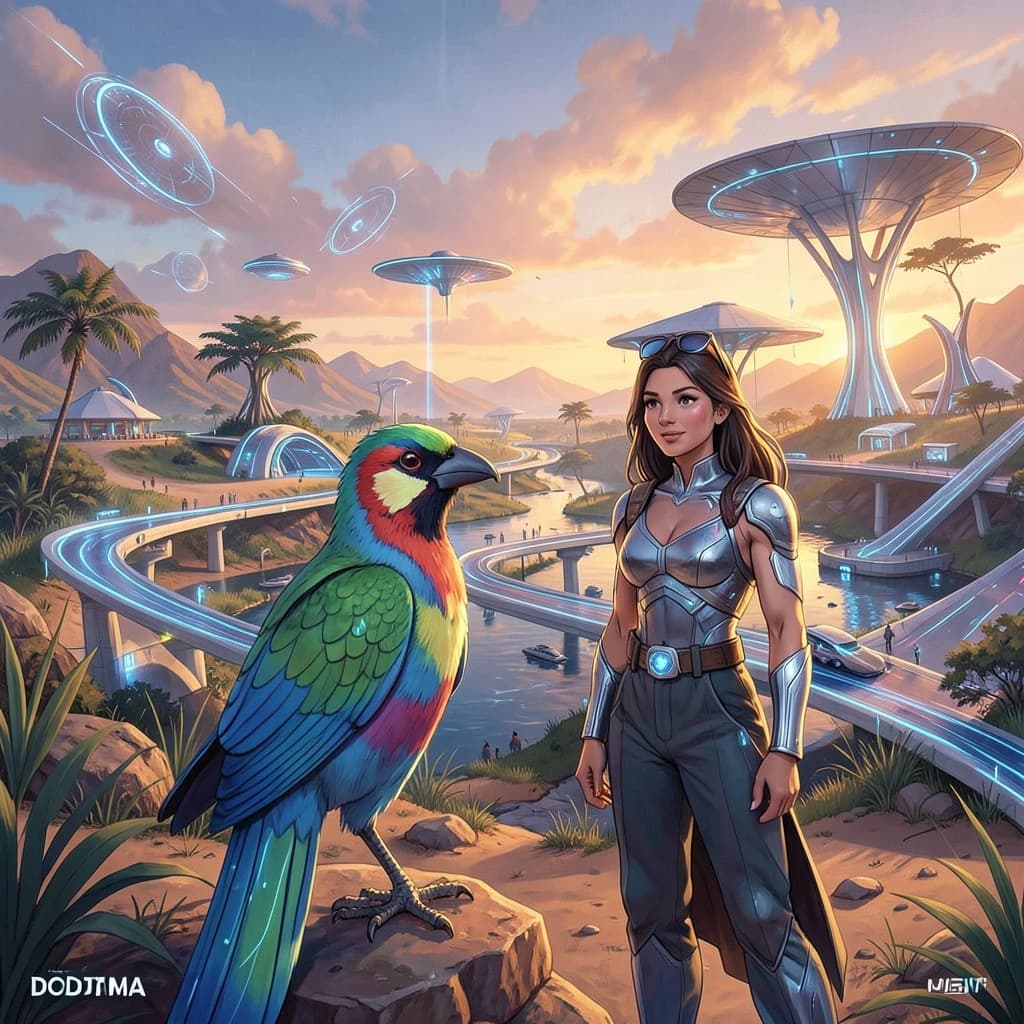Jacamar and Mollie in Dodoma, Tanzania in the style of futurism