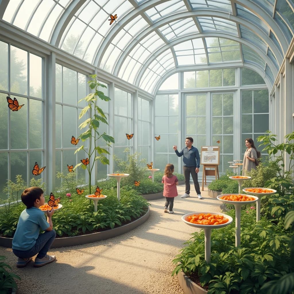 Interior render of a glasshouse butterfly conservatory, white cast iron arches and misted glass, humid morning light.
A raised planting bed spirals through the centre with a gravel path running around it. Five feeding stations on slim posts stand along the path, each holding a shallow dish of orange slices: monarch butterflies cluster on three of the dishes while two are untouched. Seven more monarchs rest on the milkweed in the bed and two are in flight above the path. Three visitors in the room, a child crouching at the nearest feeding station, an adult behind her pointing upward, and a guide standing at the far end beside an information board. Fine mist drifting near the roof vents. Physically based render.