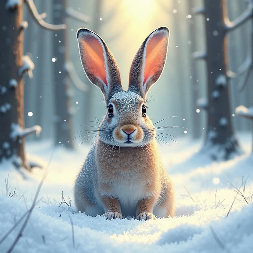 An arctic hare covered in morning dew in a snowy pine forest, in dappled afternoon light, symmetrical head-on framing, pastel drawing style.