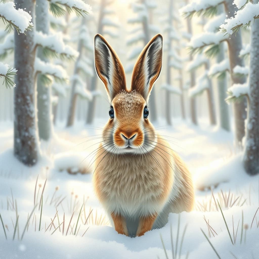 An arctic hare covered in morning dew in a snowy pine forest, in dappled afternoon light, symmetrical head-on framing, pastel drawing style.