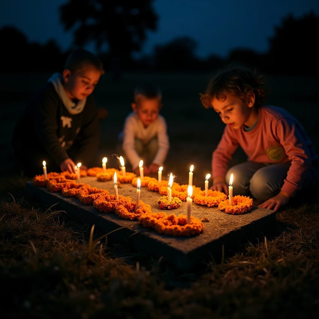 Photojournalism frame from a cemetery vigil at night: one grave slab carrying seven marigold garlands and nine lit candles, three of the candles guttered out and smoking, a grandmother and two children kneeling along the near edge.