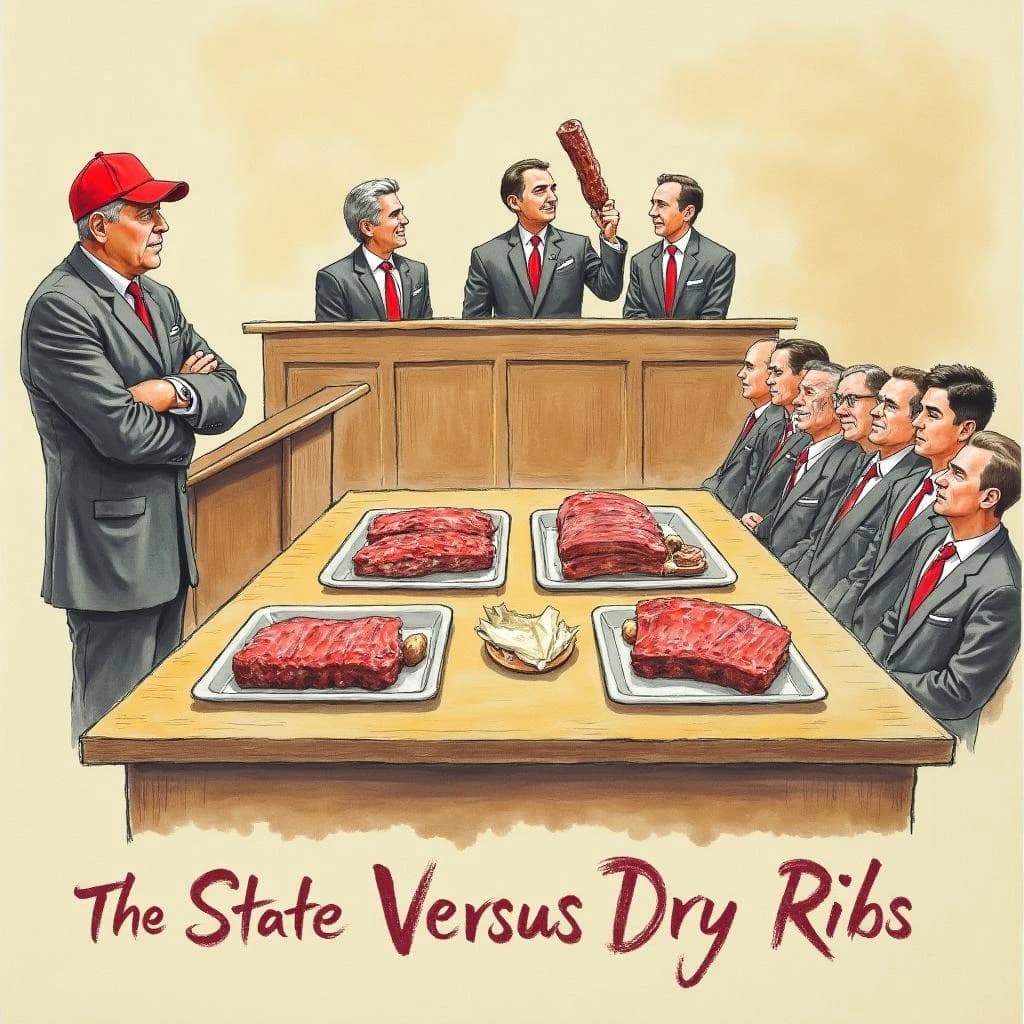 Courtroom sketch poster in colored pencil on toned paper for a barbecue joint's rib contest. The judges' bench sits at top center with three judges behind it, the middle one holding a rib up to the light while the other two turn toward each other. On the evidence table below stand four trays: two stacked with ribs, one holding a single burnt end, one empty. A pitmaster in a red cap stands at the podium on the left with his arms crossed. Six jurors fill the box on the right, five with napkins tucked into their collars and one without. Caption bar at the bottom reads "The State Versus Dry Ribs, Saturday".
