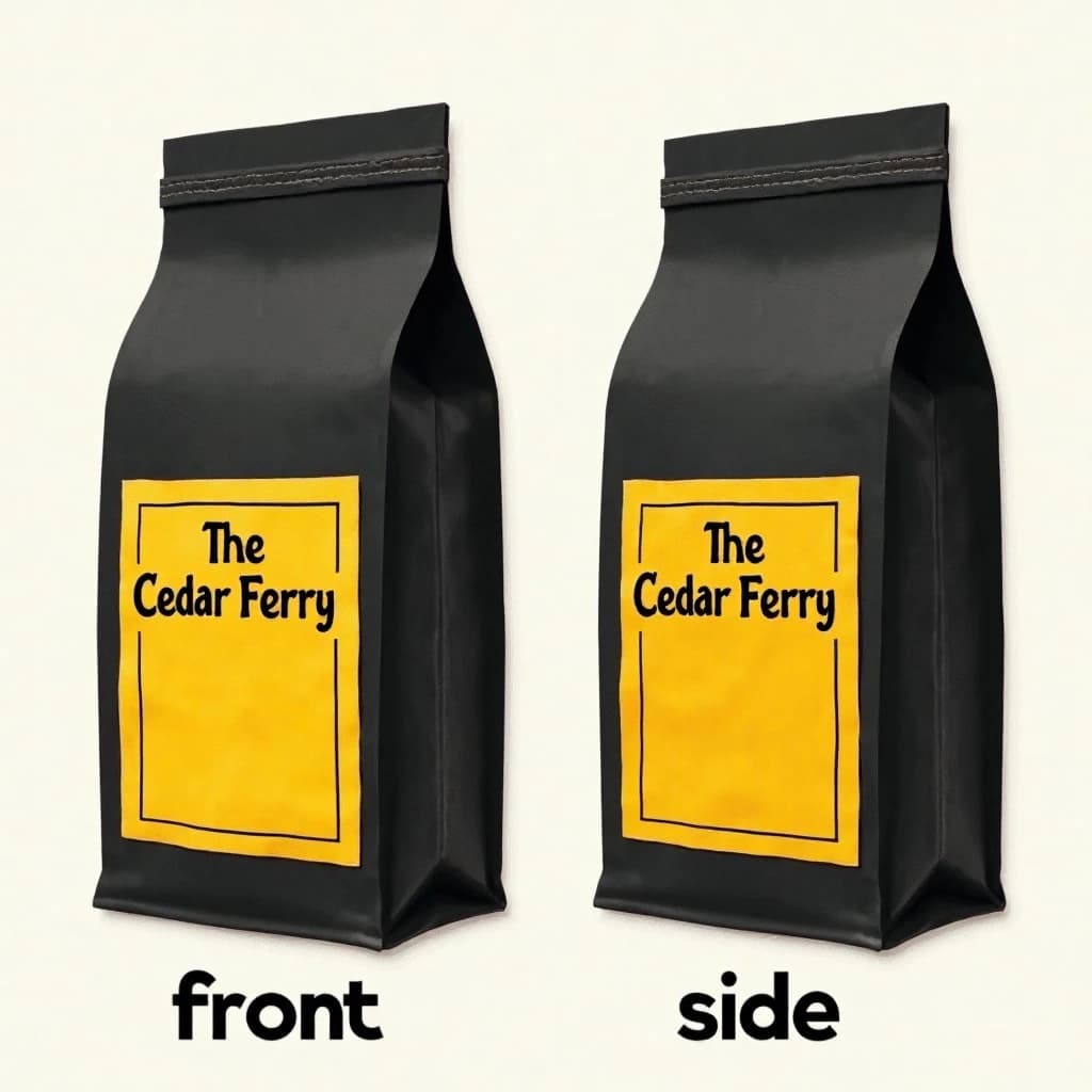 Cut-paper collage: one coffee bag in two views. The views are captioned "front" and "side" in that order. The wordmark "The Cedar Ferry" appears on every view. The black-and-yellow coloring is the same across every view, and only the angle changes.