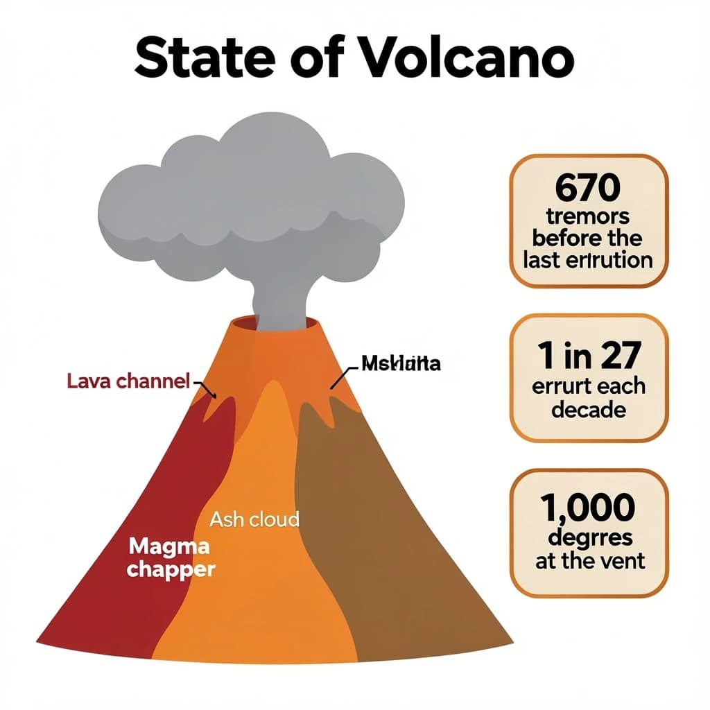 Flat vector illustration titled "State of Volcano": at the center a cutaway cone, carrying three keyed regions, "Lava channel" shaded red, "Ash cloud" shaded gray and "Magma chamber" shaded orange, beside a right column of three stat chips reading "670 tremors before the last eruption", "1 in 27 erupt each decade" and "1,000 degrees at the vent".