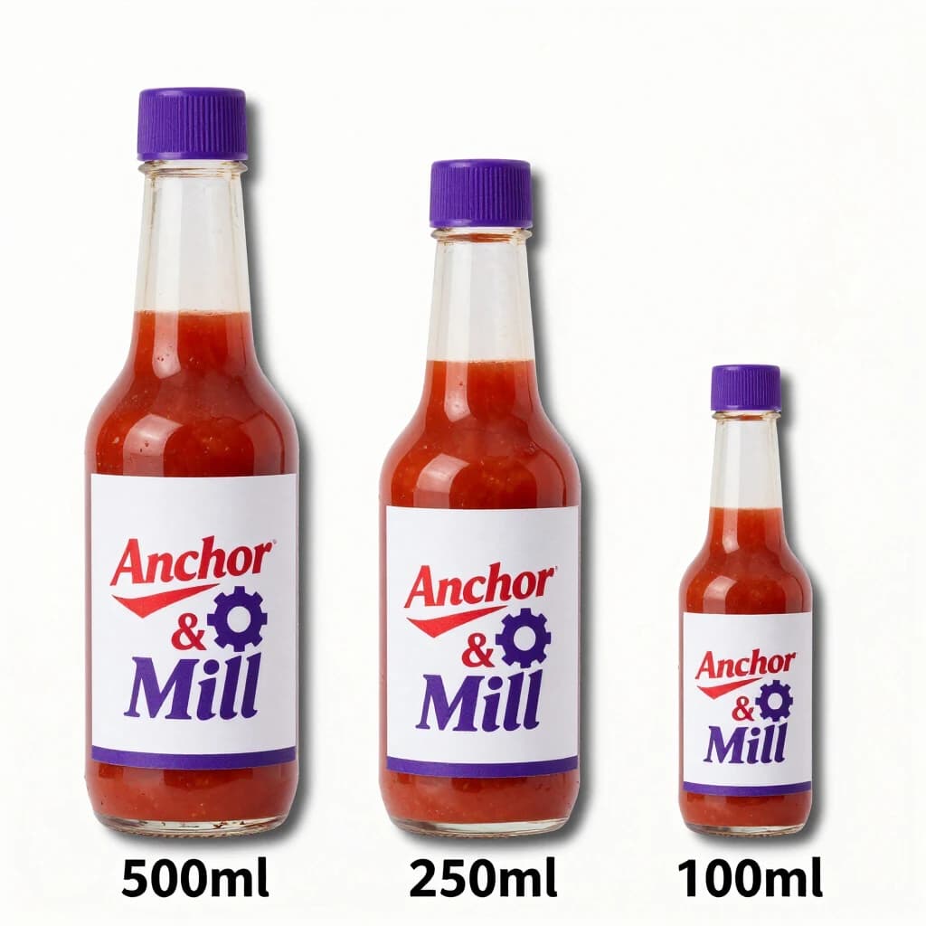 Cut-paper collage of the same hot-sauce bottle drawn in three sizes, captioned "500ml", "250ml" and "100ml", every size carrying the wordmark "Anchor & Mill" with a six-tooth gear mark beside it in the same purple-and-white coloring, only the bottle size changing.
