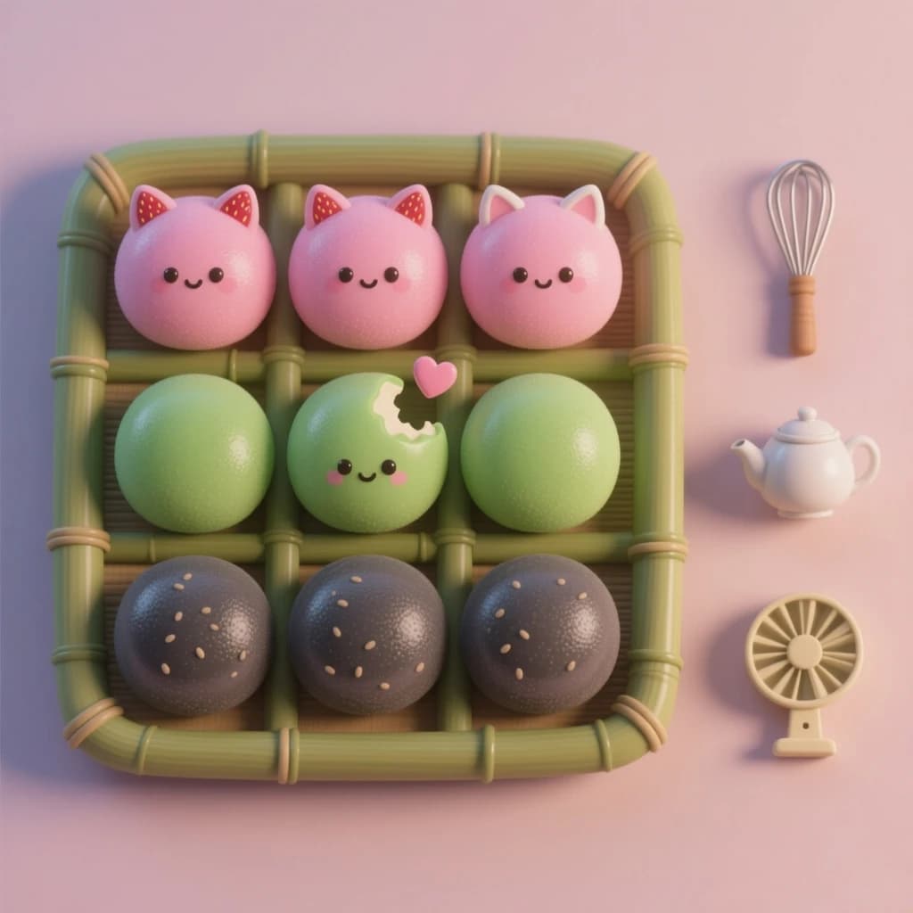 Match three board for a cozy sweets game, cute stylized 3D animation look. Nine mochi in a three by three grid on a bamboo tray: the top row strawberry pink, the middle row matcha green, the bottom row black sesame grey. The center green one has a bite taken out and a small heart icon floating above it. Two of the pink mochi wear tiny cat ears. To the right of the tray, a vertical strip of three power up icons, a whisk, a teapot and a fan. Soft pastel lighting, glossy dusted surfaces.