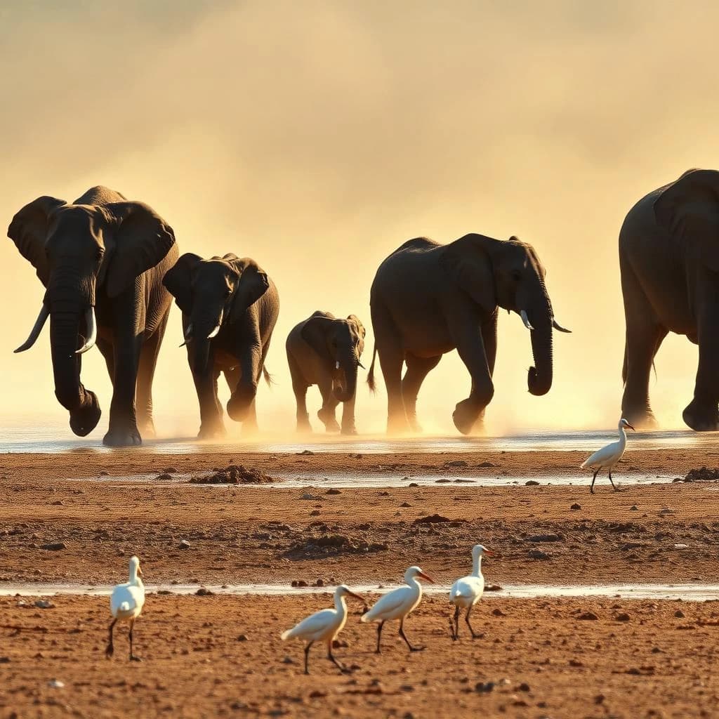 Wildlife photograph for a conservation campaign: a herd crossing a dusty riverbed in low sun. Seven elephants walking left to right, three adults flanking on the outside and two calves tucked between them, one adult trailing at the rear with a broken tusk, and the lead matriarch already up the far bank. Four egrets on the ground, only two of them near the calves. Long shadows, dust haze, nothing written in frame.