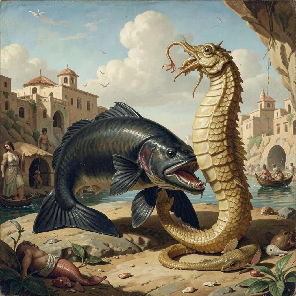 Blackfish and Sea Horse in Sanaa, Yemen in the style of neoclassical