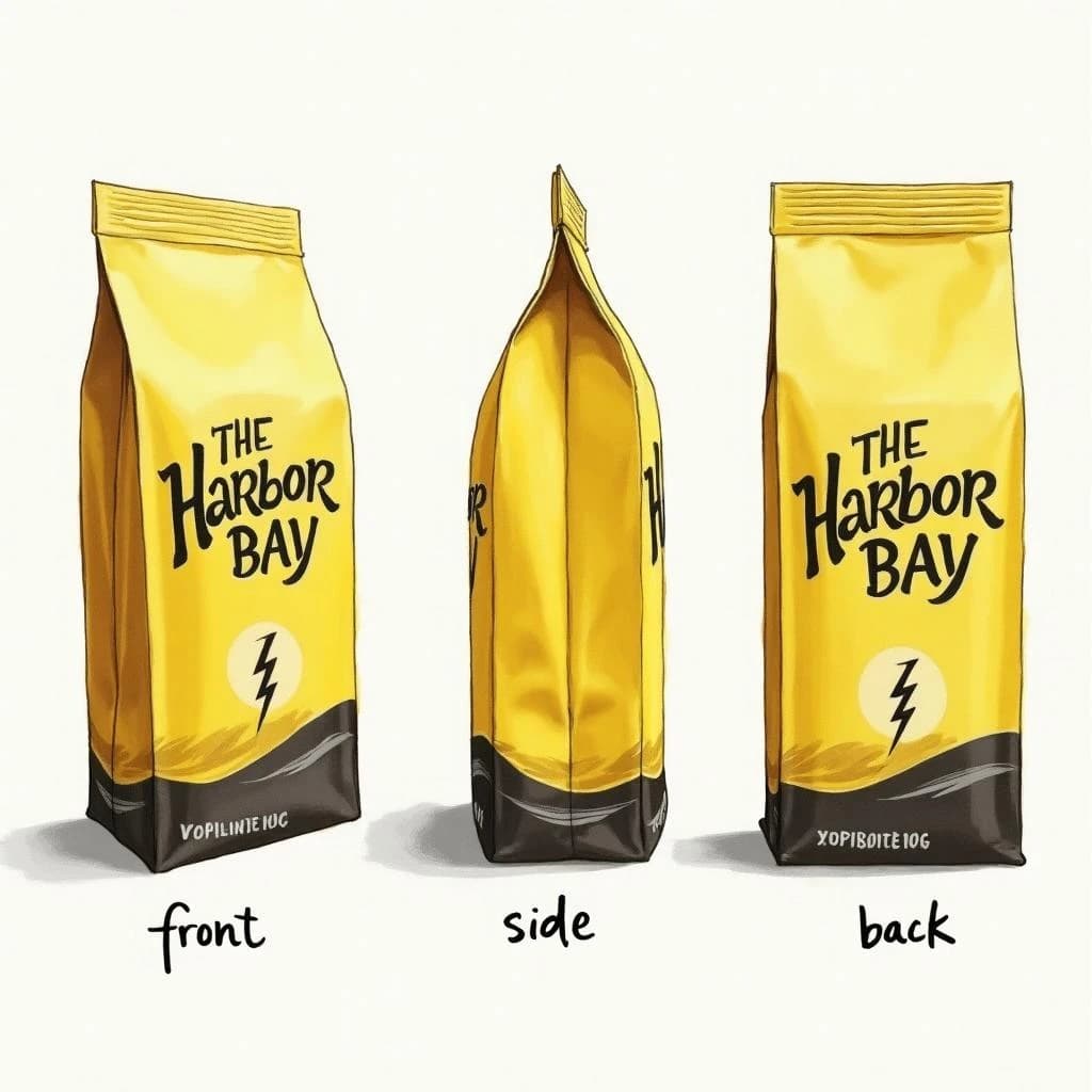 Gouache painting of the same coffee bag drawn in three views, captioned "front", "side" and "back", every view carrying the wordmark "The Harbor Bay" with a lightning-bolt symbol beside it in the same black-and-yellow coloring, only the angle changing.
