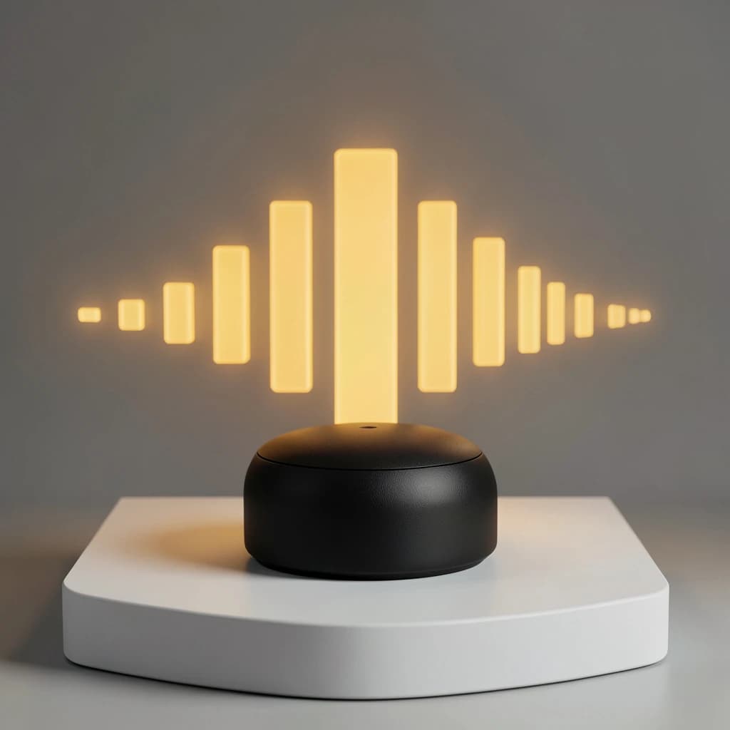Cinematic 3D render of a matte black speaker puck on a white plinth, with a sound waveform behind it built from fourteen glowing amber bars in a gentle curve, the three tallest centred directly behind the puck and the bars shortening evenly toward both ends.