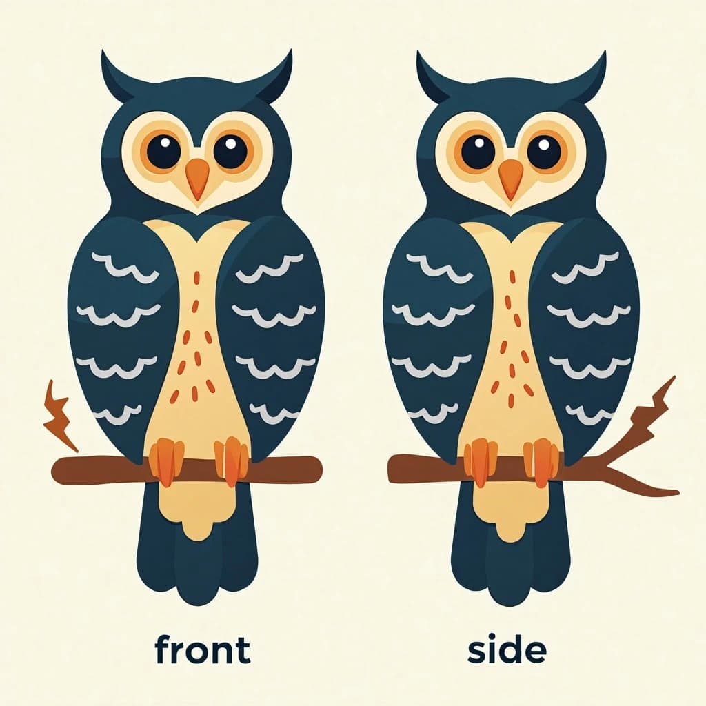 Flat vector illustration of the same bookstore owl mascot drawn in two views, captioned "front" and "side", every view carrying the wordmark "Harbor & Post" with a lightning-bolt symbol beside it in the same navy-and-gold coloring, only the angle changing.
