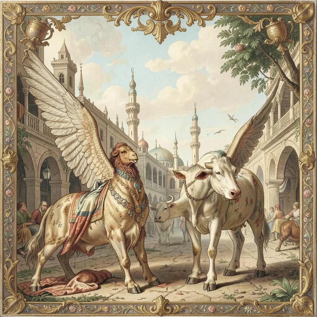 Aerie and Artiodactyl in Baghdad, Iraq in the style of rococo