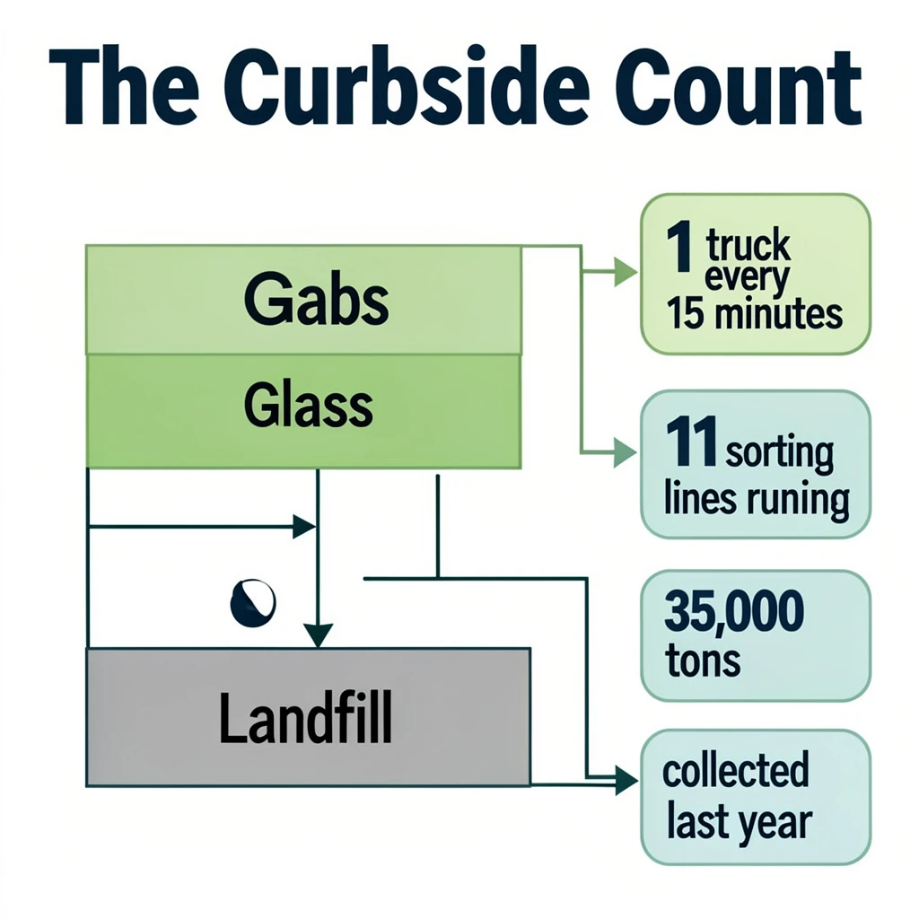 Printed poster titled "The Curbside Count": at the center a flow chart from curb to sorting floor, carrying two keyed regions, "Glass" shaded green and "Landfill" shaded gray, beside a right column of three stat chips reading "1 truck every 15 minutes", "11 sorting lines running" and "35,000 tons collected last year".