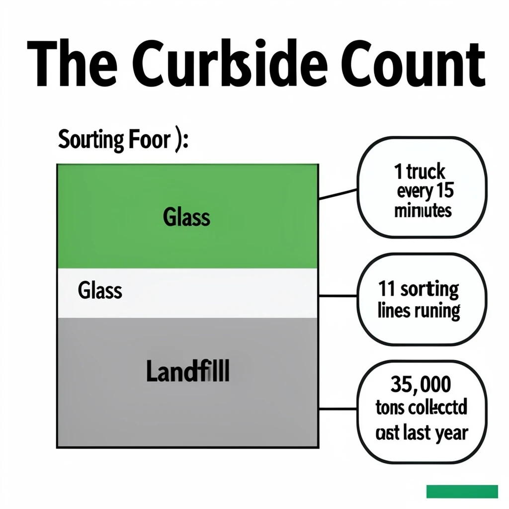 Printed poster titled "The Curbside Count": at the center a flow chart from curb to sorting floor, carrying two keyed regions, "Glass" shaded green and "Landfill" shaded gray, beside a right column of three stat chips reading "1 truck every 15 minutes", "11 sorting lines running" and "35,000 tons collected last year".