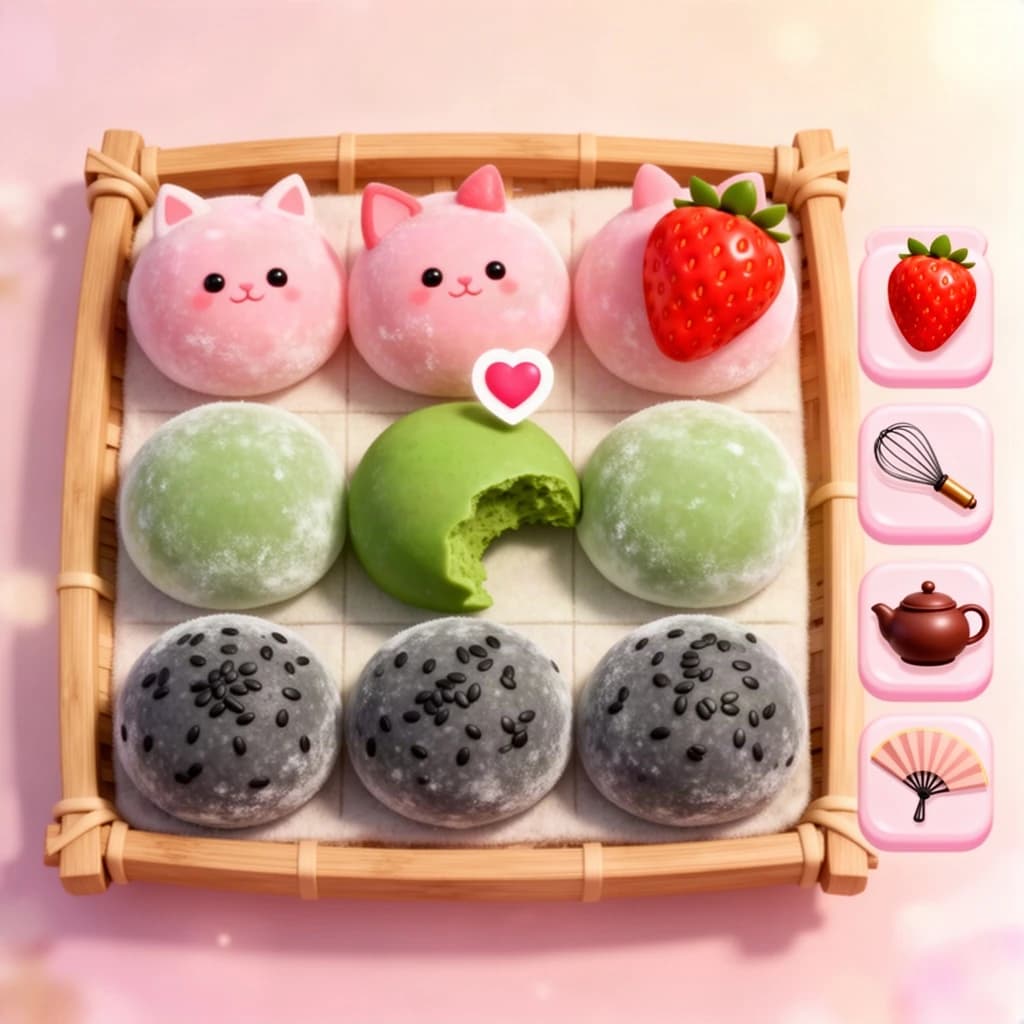 Match three board for a cozy sweets game, cute stylized 3D animation look. Nine mochi in a three by three grid on a bamboo tray: the top row strawberry pink, the middle row matcha green, the bottom row black sesame grey. The center green one has a bite taken out and a small heart icon floating above it. Two of the pink mochi wear tiny cat ears. To the right of the tray, a vertical strip of three power up icons, a whisk, a teapot and a fan. Soft pastel lighting, glossy dusted surfaces.