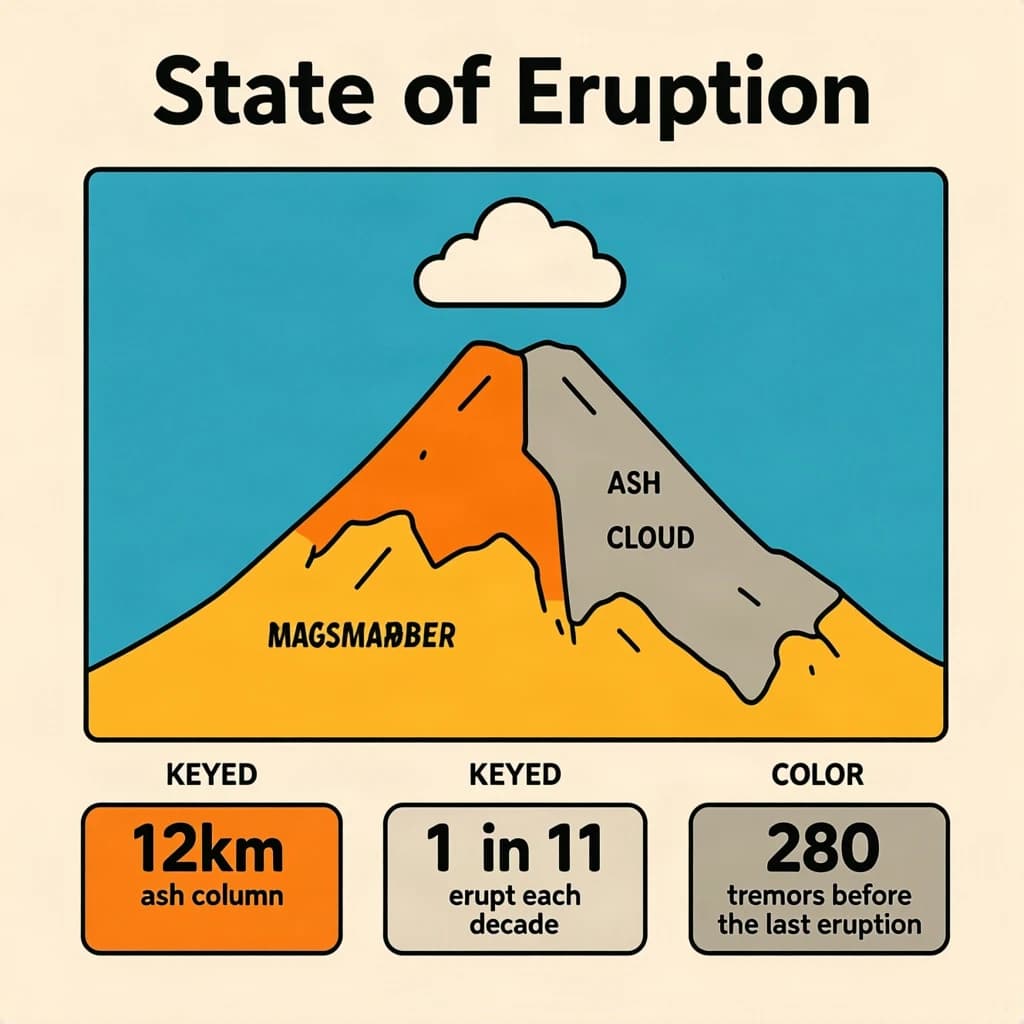 Flat infographic titled "State of Eruption". A simplified hazard map of the slopes sits at the center, carrying two keyed regions, "Magma chamber" shaded orange and "Ash cloud" shaded gray. Three stat chips run down a bottom row, reading "12km ash column", "1 in 11 erupt each decade" and "280 tremors before the last eruption". Each key color matches the shading of the region it names.
