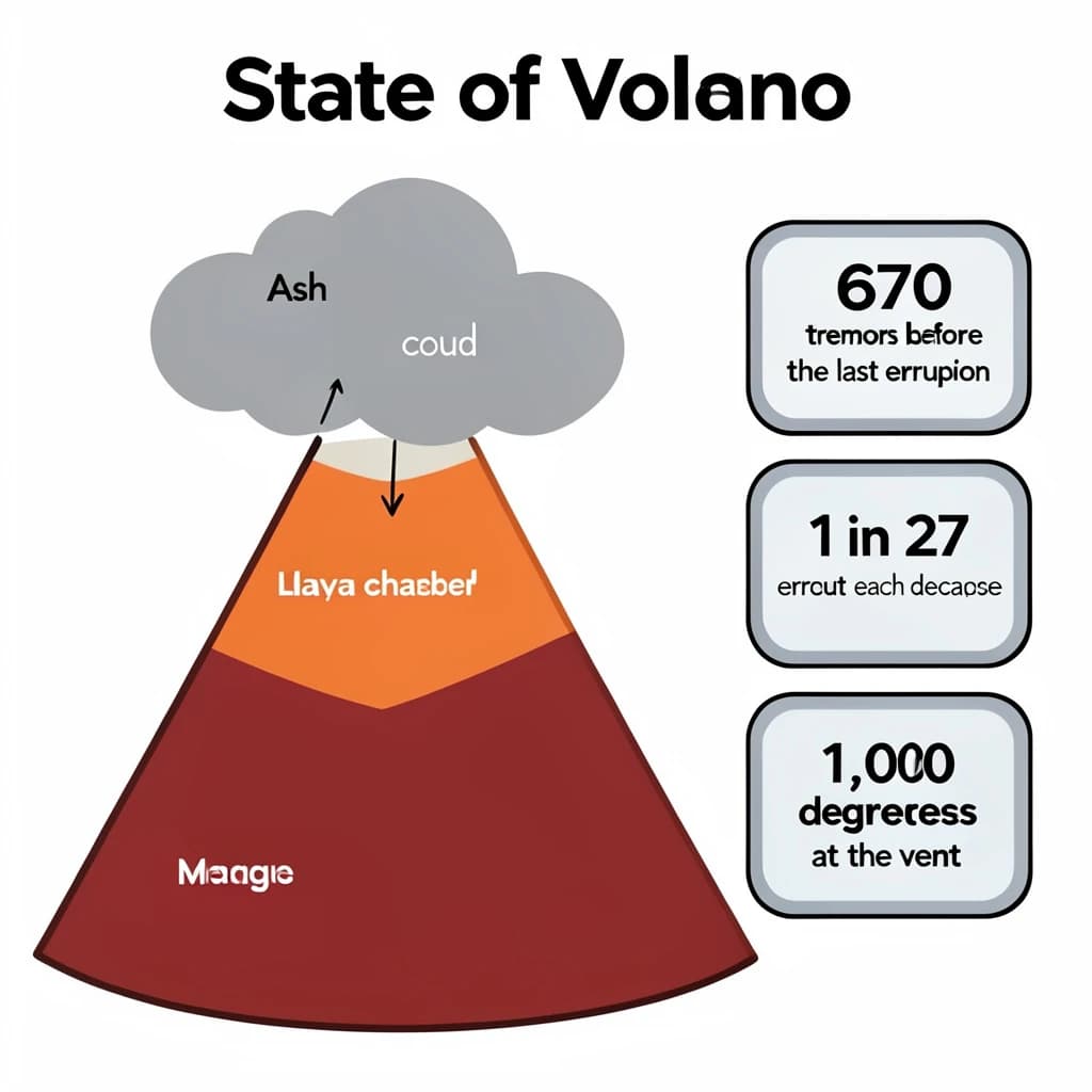 Flat vector illustration titled "State of Volcano": at the center a cutaway cone, carrying three keyed regions, "Lava channel" shaded red, "Ash cloud" shaded gray and "Magma chamber" shaded orange, beside a right column of three stat chips reading "670 tremors before the last eruption", "1 in 27 erupt each decade" and "1,000 degrees at the vent".