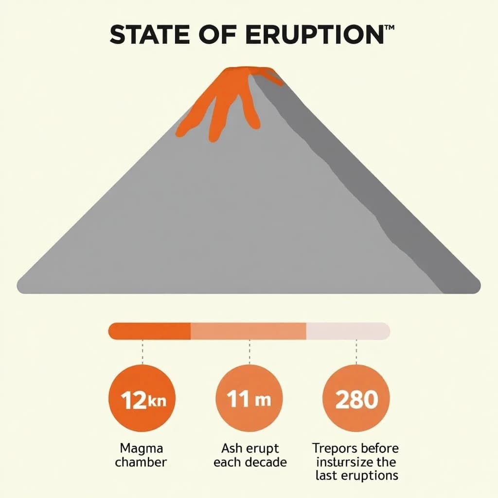 Flat infographic titled "State of Eruption". A simplified hazard map of the slopes sits at the center, carrying two keyed regions, "Magma chamber" shaded orange and "Ash cloud" shaded gray. Three stat chips run down a bottom row, reading "12km ash column", "1 in 11 erupt each decade" and "280 tremors before the last eruption". Each key color matches the shading of the region it names.