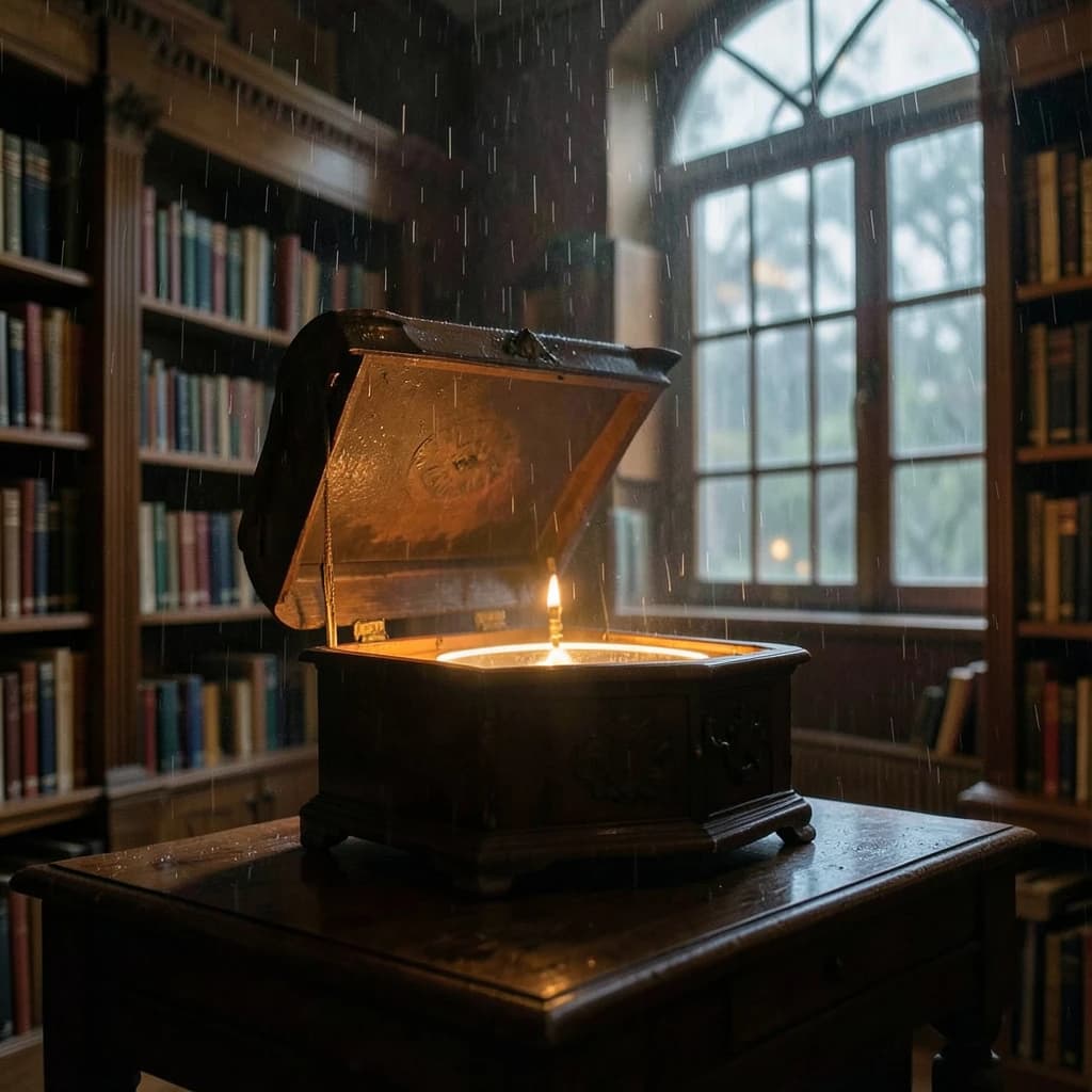 The quiet second when a music box takes on a thin rim of warm light, in a quiet library, in light rain.