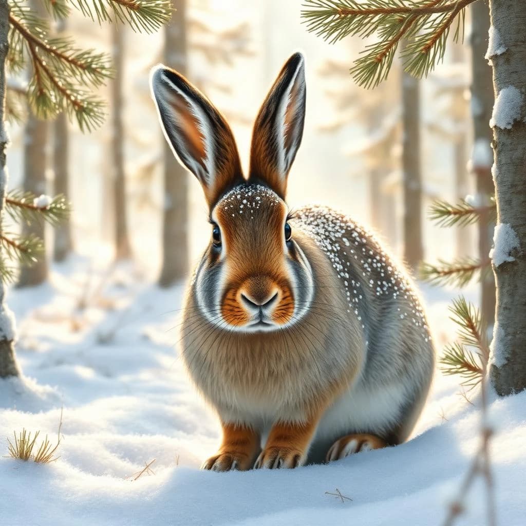 An arctic hare covered in morning dew in a snowy pine forest, in dappled afternoon light, symmetrical head-on framing, pastel drawing style.