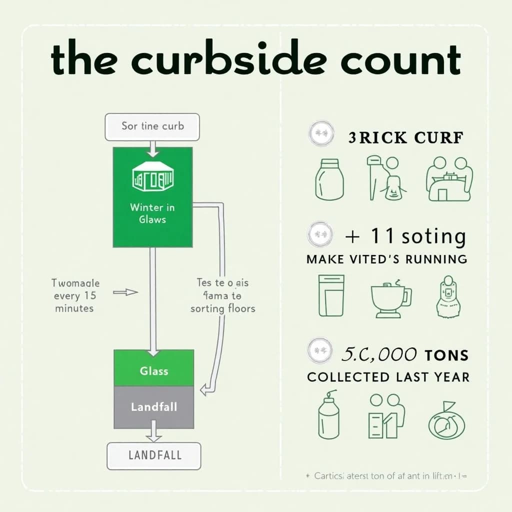 Printed poster titled "The Curbside Count": at the center a flow chart from curb to sorting floor, carrying two keyed regions, "Glass" shaded green and "Landfill" shaded gray, beside a right column of three stat chips reading "1 truck every 15 minutes", "11 sorting lines running" and "35,000 tons collected last year".