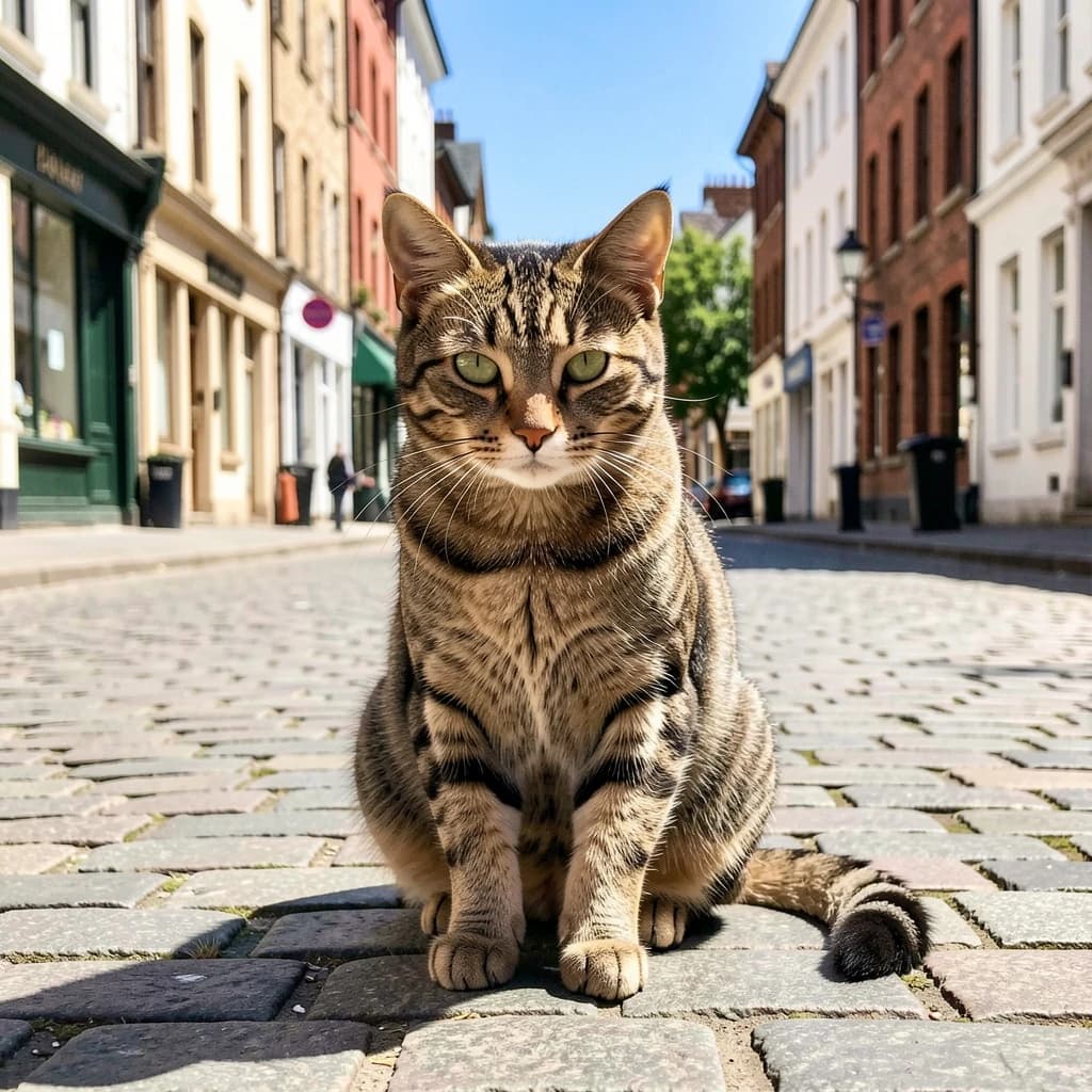 The instant a tabby cat gathers the color of the surrounding sky, on a cobblestone street, in bright midday sun.