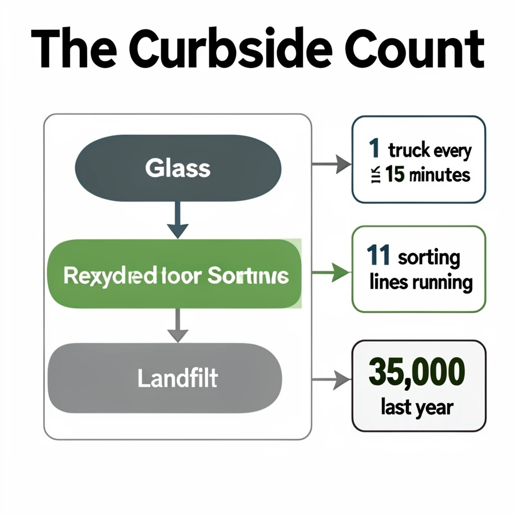 Printed poster titled "The Curbside Count": at the center a flow chart from curb to sorting floor, carrying two keyed regions, "Glass" shaded green and "Landfill" shaded gray, beside a right column of three stat chips reading "1 truck every 15 minutes", "11 sorting lines running" and "35,000 tons collected last year".