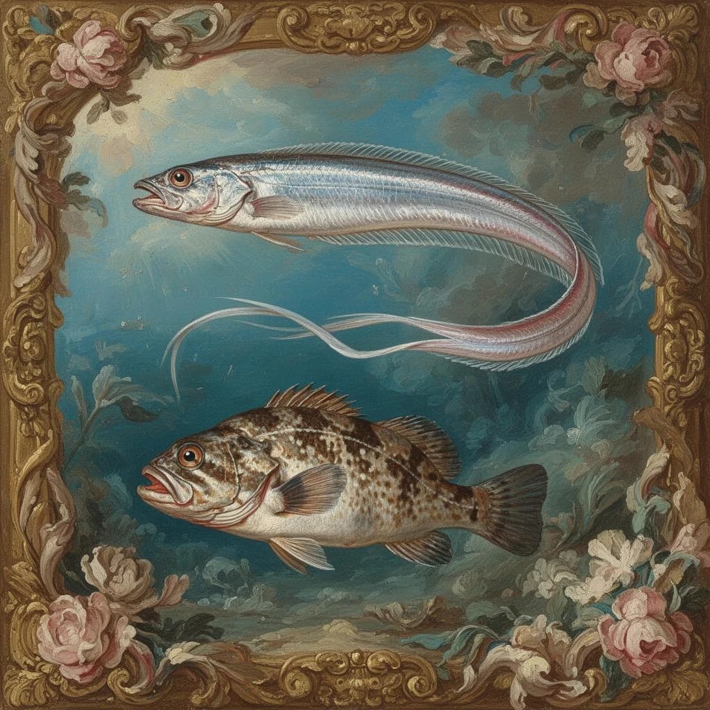 Ribbonfish and Tautog in Manila, Philippines in the style of rococo