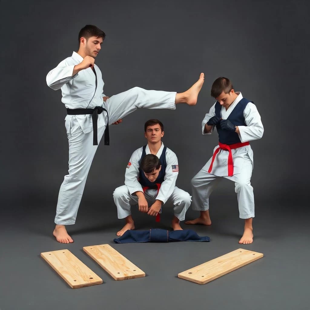 Studio photography, stunt and costume reference on a seamless charcoal backdrop, one hard key from camera left. Three taekwondo athletes in a tight diagonal: the tallest, in a white uniform with a black belt, holds a side kick frozen at chest height; the shortest, in navy with a red belt, ducks under it with both palms flat on the floor; the third kneels behind them fastening a blue chest guard onto a folded uniform. Two snapped pine boards lie at the front edge of the frame, a third board still whole in a holder's gloved hands.