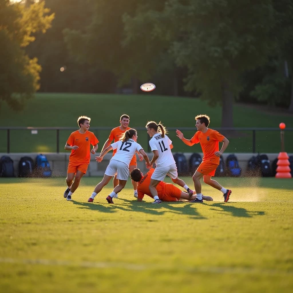 Sports photography, long lens, late afternoon on a college field. Seven players in frame: four in orange jerseys, three in white. The disc hangs just above the tallest orange player, who is fully horizontal in a layout dive; two of the white players crash into each other under it while the third white player runs the other way. Behind them on the sideline sit five backpacks in a line and a stack of four orange cones. Low golden sun, grass spray, shallow depth.