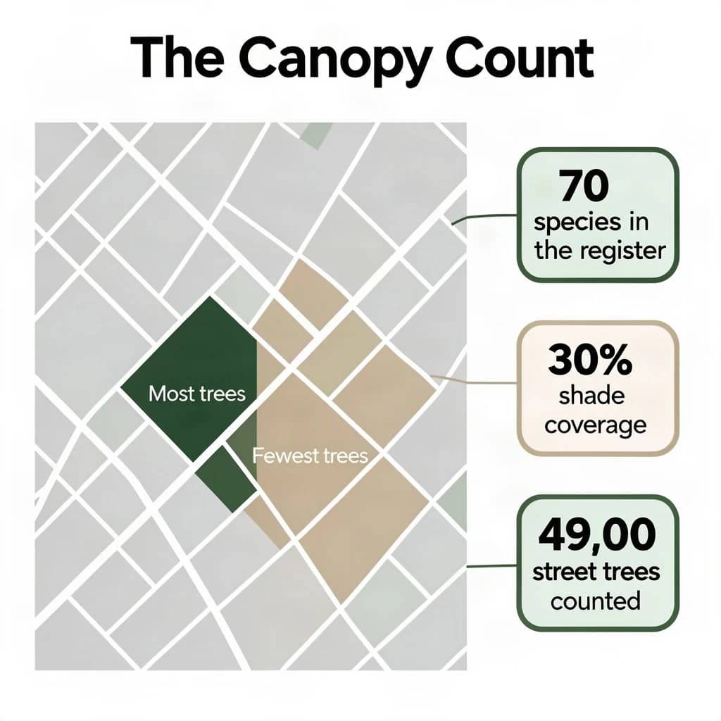 Flat infographic titled "The Canopy Count": at the center a simplified street map with shaded districts, carrying two keyed regions, "Most trees" shaded dark green and "Fewest trees" shaded tan, beside a right column of three stat chips reading "70 species in the register", "30% shade coverage" and "49,000 street trees counted".