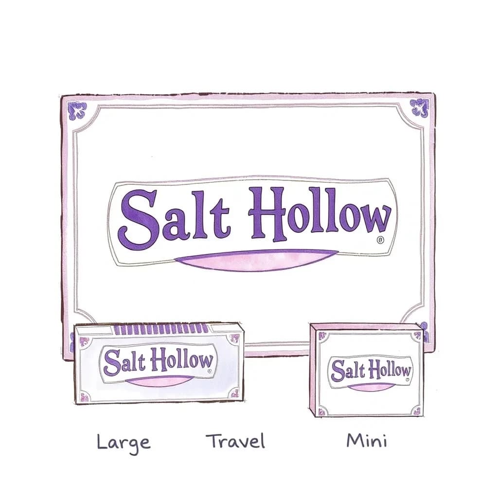 Watercolor of the same board-game box drawn in three editions, captioned "Large", "Travel" and "Mini", every edition carrying the wordmark "The Salt Hollow" in the same purple-and-white coloring, only the box size changing.
