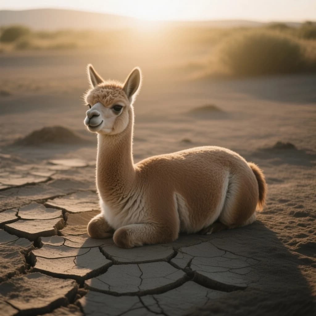quiet alpaca on cracked earth, backlit