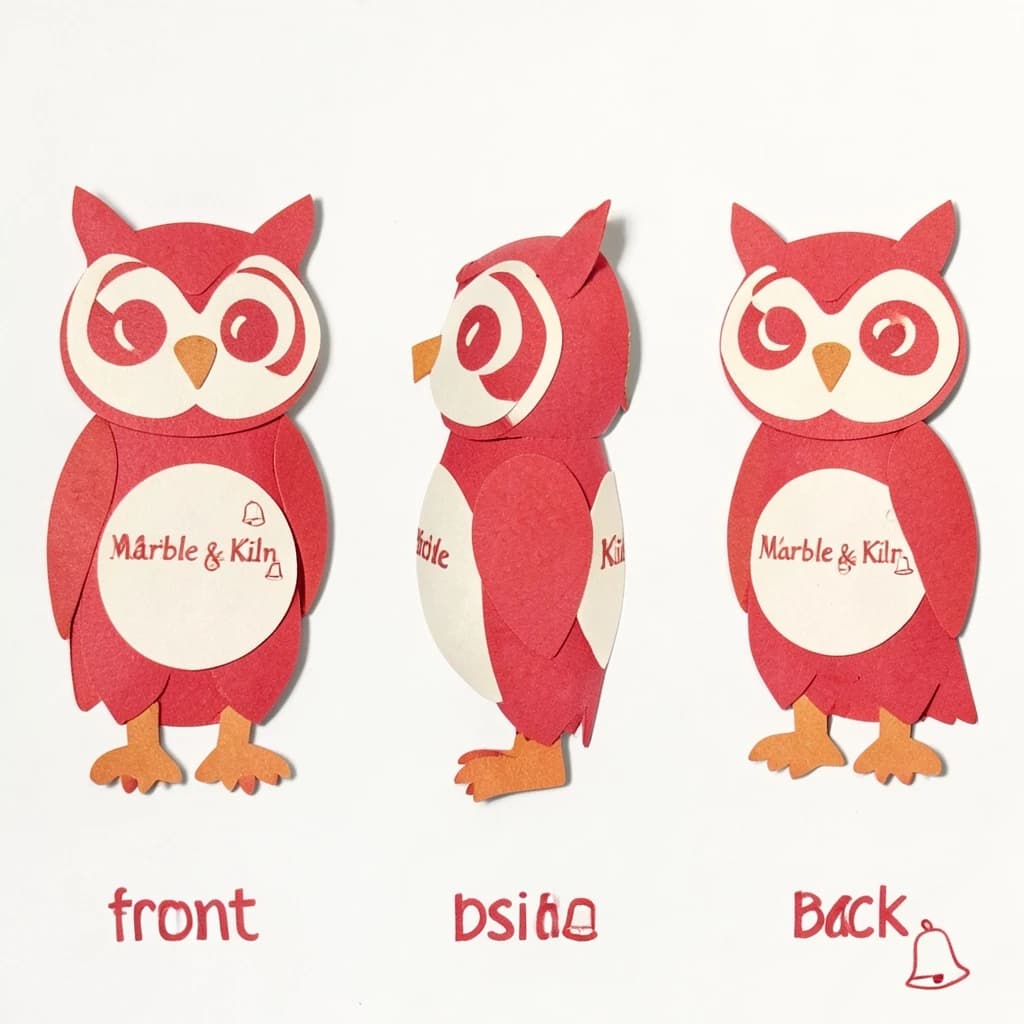 Cut-paper collage of the same bookstore owl mascot drawn in three views, captioned "front", "side" and "back", every view carrying the wordmark "Marble & Kiln" with a small bell outline beside it in the same red-and-cream coloring, only the angle changing.