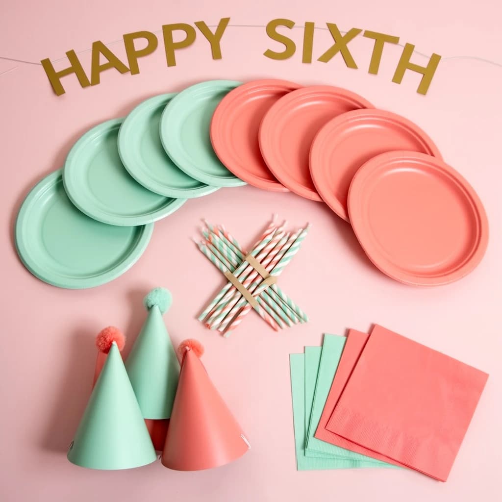 Flat lay photograph on pale pink paper, lit softly from above.
Eight paper plates fanned in an arc across the top of the frame, alternating mint and coral, four of each, mint first from the left.
Below the arc, twelve striped candles bundled under a paper band, laid diagonally.
Three cone party hats stacked at the lower left, only the middle hat trimmed with a pom pom.
At the lower right, six folded napkins in two piles of three, one pile mint and one coral.
A paper banner strung across the very top spells "HAPPY SIXTH" in gold letters, a few letters overlapping the plate arc.